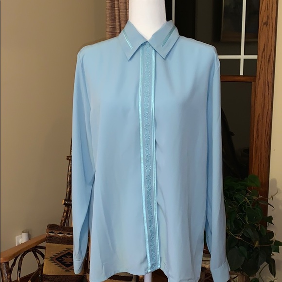 Vintage Tops - Blue lace chiffon button up blouse 14